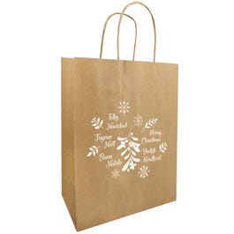 Bolsa de papel asa rizada Navidad Felices 35x14x41 cm marrón/blanc - 50 unidades Bolsa de papel asa rizada Navidad Felices 35x14x41 cm marrón/blanc - 50 unidades