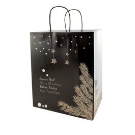 Bolsa de papel asa rizada Caribou 26x12x32 cm negra/oro/blanca - 50 unidades Bolsa de papel asa rizada Caribou 26x12x32 cm negra/oro/blanca - 50 unidades