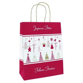 Bolsas de papel asa rizada Felices Fiestas abetos 26x12x32 cm rojas/blancas - 50 Bolsas de papel asa rizada Felices Fiestas abetos 26x12x32 cm rojas/blancas - 50